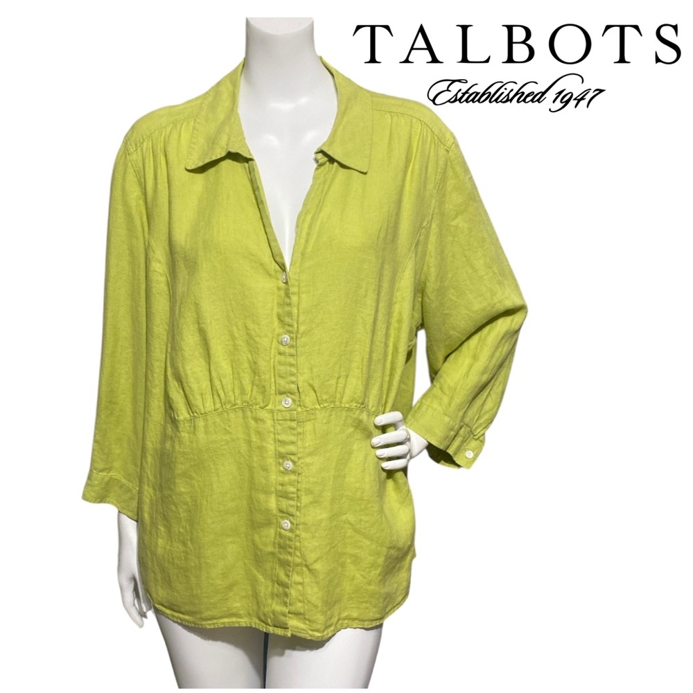 TALBOTS Green Pure Irish Linen Button Up Shirt Collar 3/4 Sleeves Roll Tab 18W